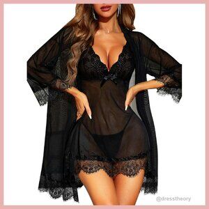 Sexy 3-Piece Lingerie Set Babydoll Mesh Robe Thong Sleepwear